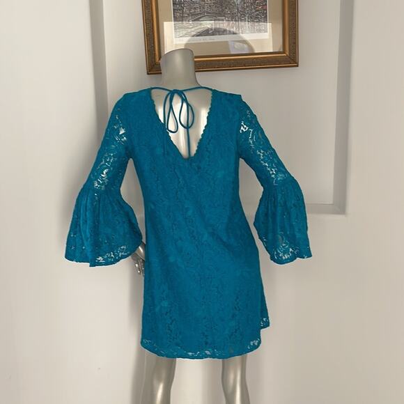 Laundry By Shelli Segal Bell Sleeve Lace A-Line Dress Blue Size 6 - Picture 6 of 14